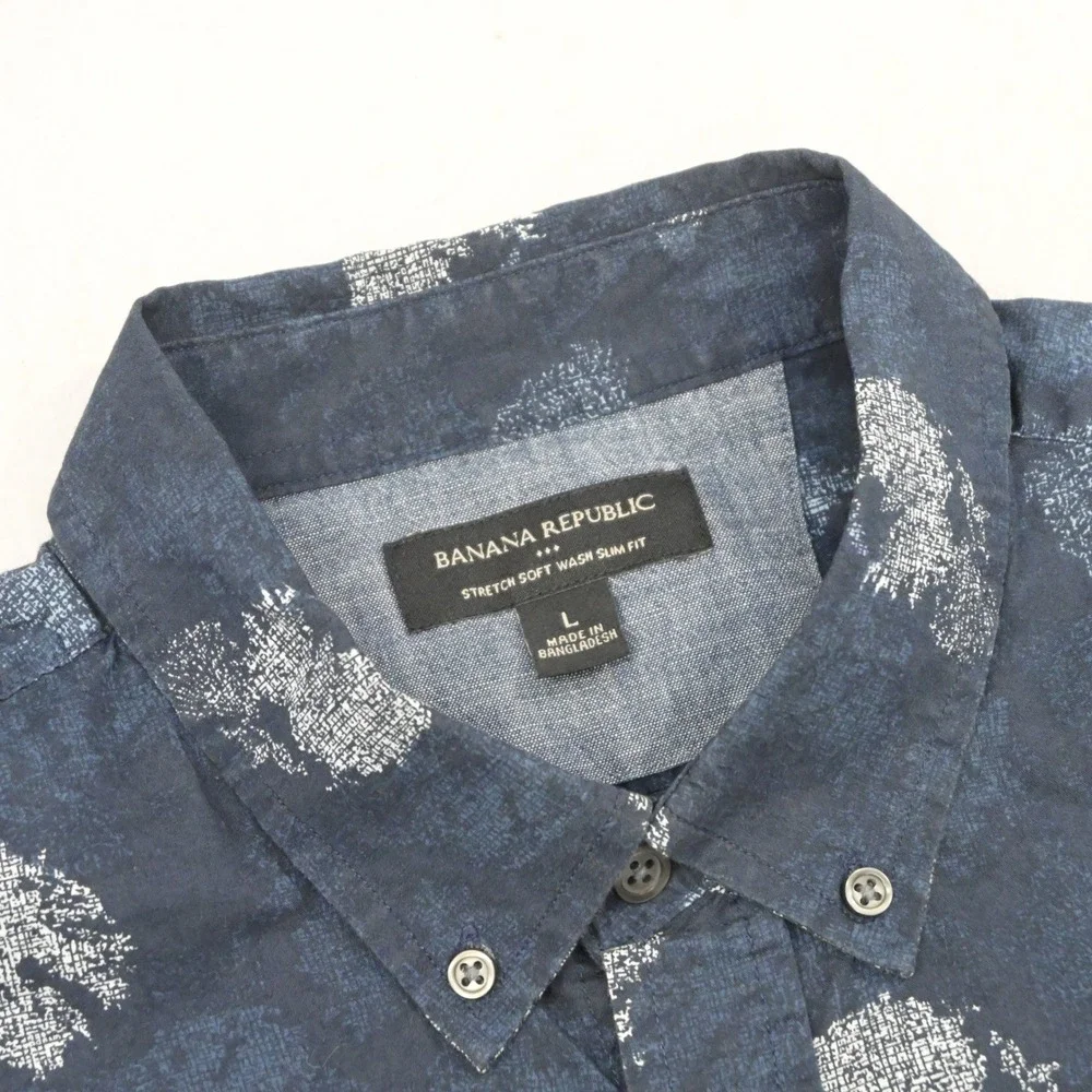 Banana Republic Floral Button Up Dress Shirt Mens L Slim Fit Blue Long Sleeve